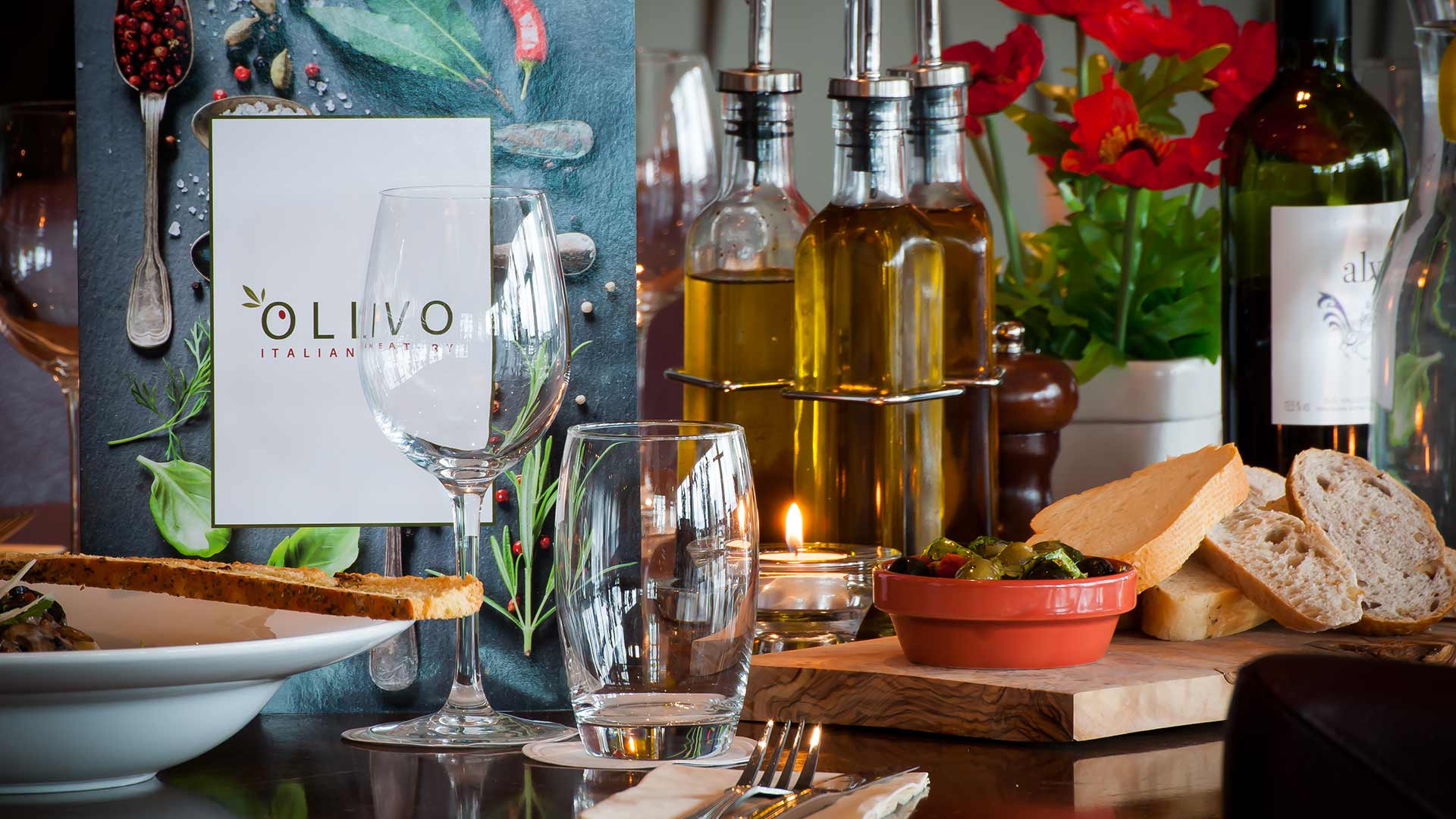Wine, bread and hors d'oeuvres at the Olivo Italian Restaurant