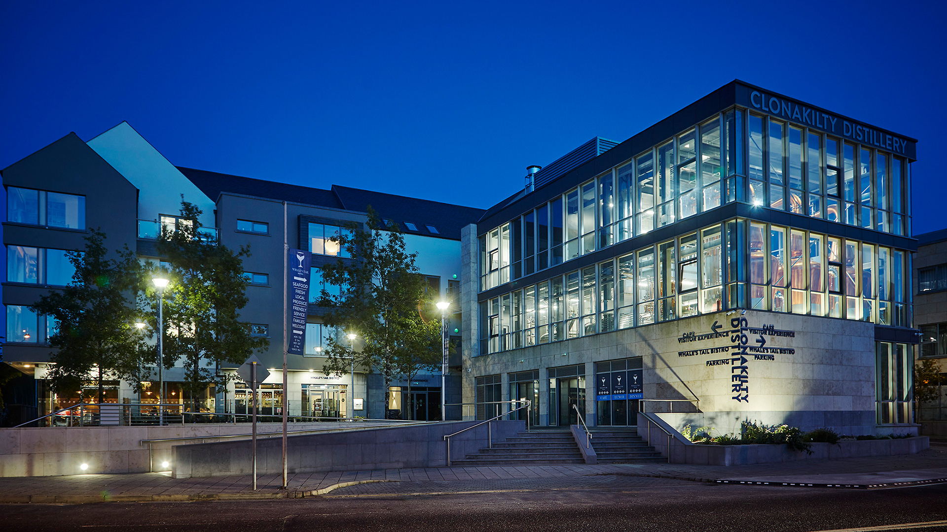 Clonakilty Distillery exterior at twilight